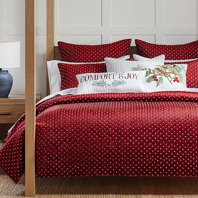 Levtex Home - Cross Stitch Velvet Red Quilt Set - Twin Quilt + One Standard Pillow Sham - Cross Stitched Pattern - Quilt Size (68x86in.) and Pillow Sham Size (26x20in.) - Reversible