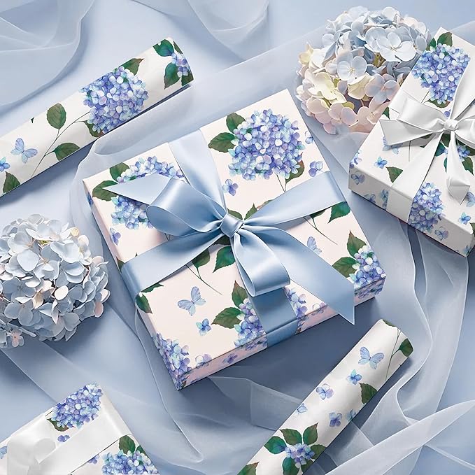WRAPAHOLIC 30 Inch Kraft Hydrangea Floral Wrapping Paper Roll - 30 Inch x 33 Feet - Hydrangea Flower Wrapping Paper for Wedding, Birthday, Bridal Shower, Tea Party