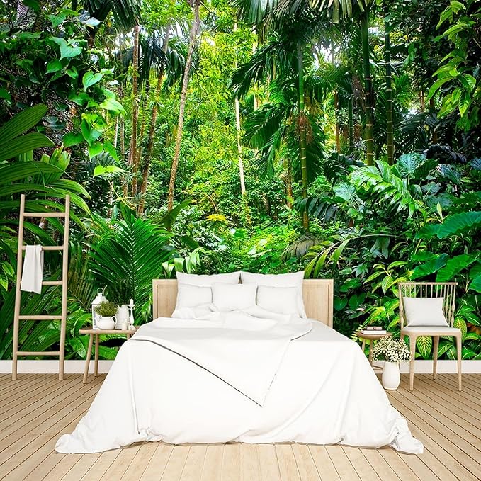 Tropical Rainforest Botanical Wallpaper Bedroom Green Leaf Plant murals Aesthetic Room Decor Living Room tv Background Large Wall Mural - 91"x65" Not Peel and Stick