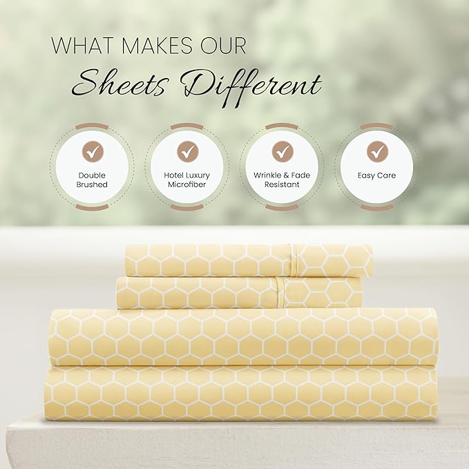 Linen Market Patterned Microfiber Queen Sheet Set 4 Piece – Oeko-TEX Certified Ultra Soft & Wrinkle-Free - 16" Deep Pocket Sheets - Easy Care Queen Size - Honeycomb Yellow
