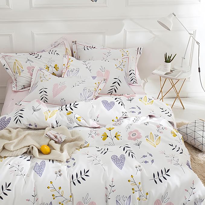 HighBuy Floral Comforter Set Queen Size 3 Piece White Pink Flower Comforter with 2 Pillow Shams Cottagecore Fluffy Comforters Soft Boho Bedding Set for Queen Bed,Lightweight,Breathable,All Season