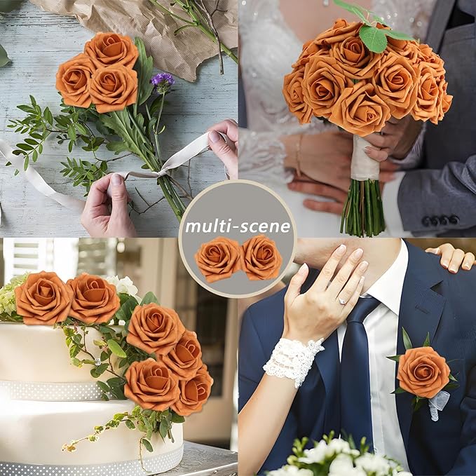 100PCS Artificial Flowers Gold Sparrow Roses Real Looking Foam Fake Roses with Leaves and for DIY Wedding Bouquets Bridal Shower Centerpieces Party Decorations (Gold Sparrow, 100)