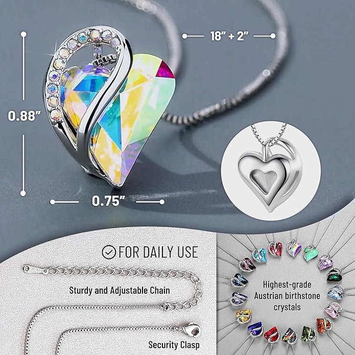 Leafael Necklaces for Women, Infinity Love Birthstone Heart Crystal Pendant, Birthday Jewelry Gifts for Her, Mom, and Wife, Silver Plated, 18 plus 2 inch Adjustable Chain