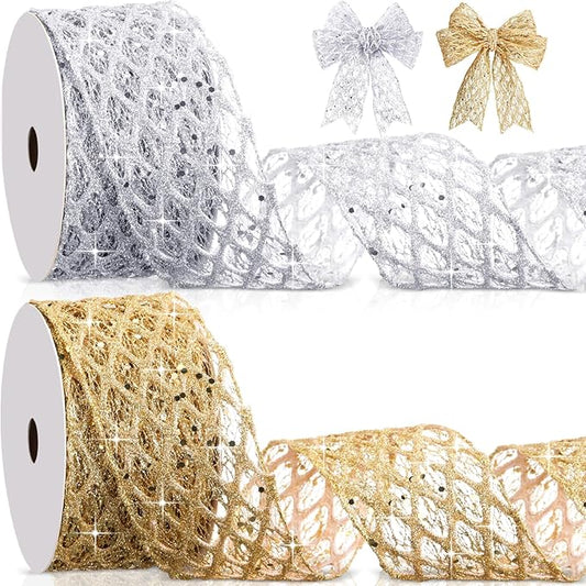 Geosar 20 Yards Gold Silver Glitter Mesh Wired Ribbon for Christmas Tree Decorations, Gift Wrapping, DIY Craft, Xmas Wreaths, Cabinet Decor (2.5 Inch)