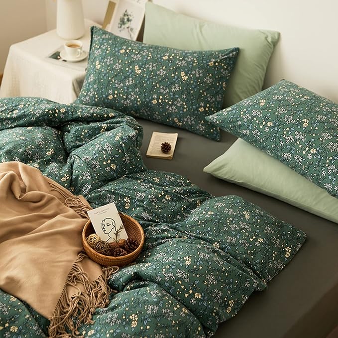 HighBuy Jersey Knit Cotton Duvet Cover Queen Green Floral 100% T-Shirt Cotton Comfy Bedding Set Super Soft Garden Chic Comforter Cover Queen Size