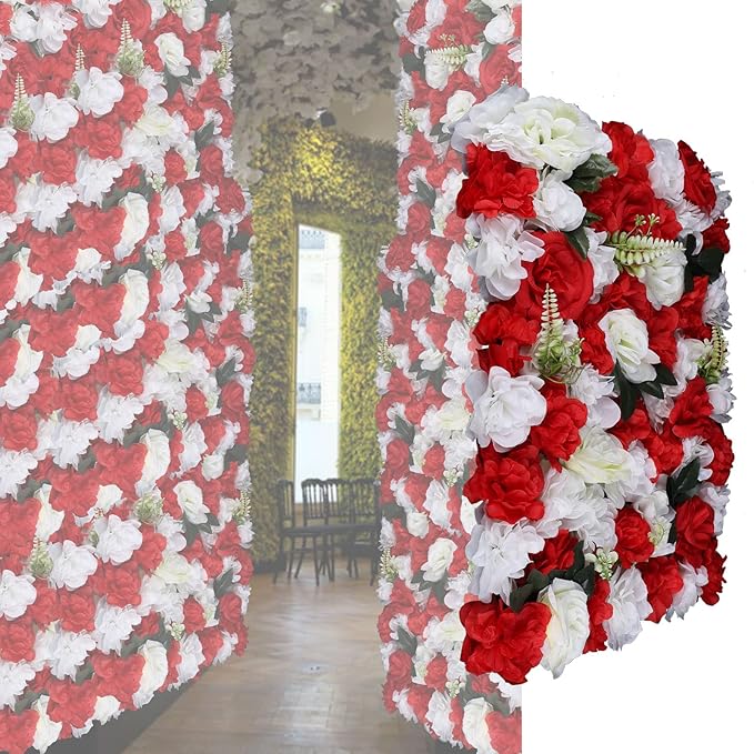 12PCS Flower Wall Panels, 3D Silk Floral Wall Backdrop, Realistic Red Rose Flower Backplanes, Roll Up Fake Flower Background for Valentines Wedding Party Home Decoration