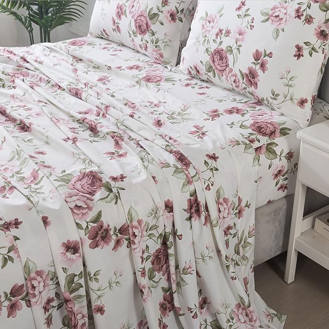 FADFAY Beige Vintage Floral King Size Sheets Set Premium 100% Cotton Shabby Brick Red Rose Pattern Bedding Set Deep Pocket Sheets with 2 Pillowcases Luxury Breathable Soft 4Pcs, King Size