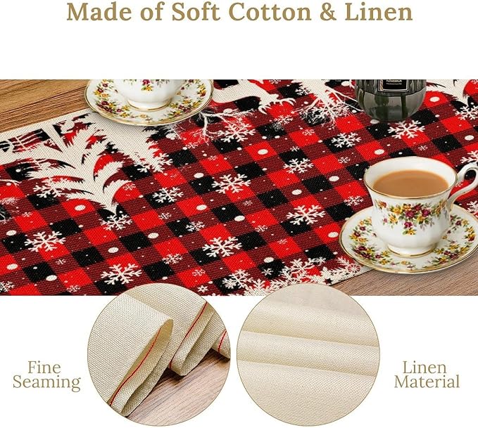 Christmas Table Runner,Red Black Plaid Xmas Snowflakes Deer Trees Print Tablecloth Burlap for Hotel Indoors Outdoor Dining Room Kitchen Home Decor,W13X L36 in