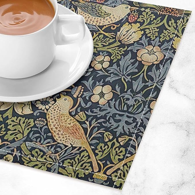 William Morris Floral Placemats Set of 6, Vintage Flower Strawberry Birds Place Mats, Heat Resistant Non Slip Cotton Linen Dining Table Mats for Home Kitchen Party 18x12 Inch