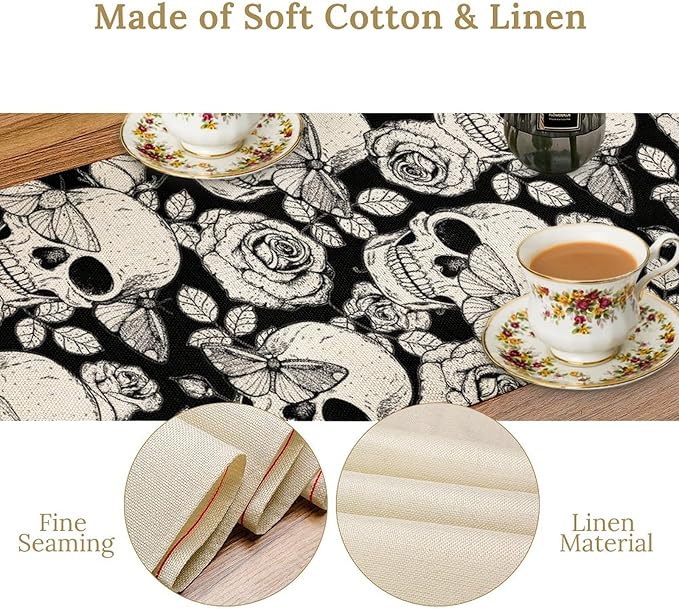 Gothic Table Runner,Black White Skeleton Flower Moth Print Table Runner for Home Kitchen Table Dining Garden Farmhouse Wedding Party Decor 13x120 Inch