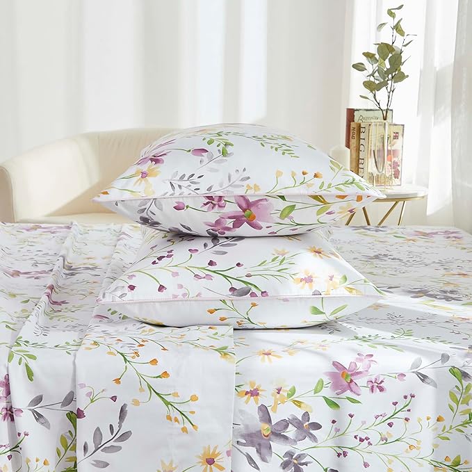 Brandream Garden Style King Size Sheets Set 4 Pieces Breathable Luxury Bed Sheets, Deep Pockets 18" Cooling Bed Sheets Farmhouse Bedding 800 Thread Count 100% Egyptian Cotton, Purple White Green