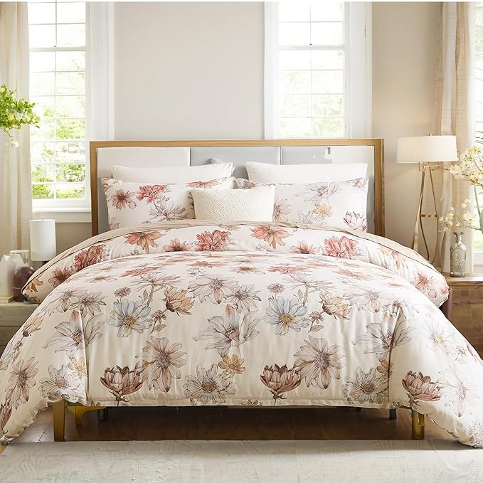 100% Cotton Duvet Cover Queen Size – Cream Hand-Drawn Watercolor Blooms Duvet Cover Set with Zipper Closure & Corner Ties, 3-Piece Luxury & Silky Soft Bedding Set for All Seasons