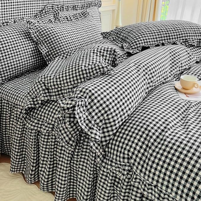 LifeTB Black Gingham Comforter Set Full Size Ruffle Plaid Checkered Pattern Comforter Farmhouse Plaid Gingham Bedding Comforter Set with 2 Pillowcases Luxury Soft Fluffy Grid Bedding Set Full Size