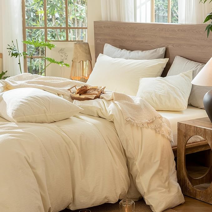 MooMee Wavy Striped Duvet Cover Set 100% Washed Cotton Linen Like Textured Breathable Durable Soft Comfy (Cream White, Super Queen 90"x98")