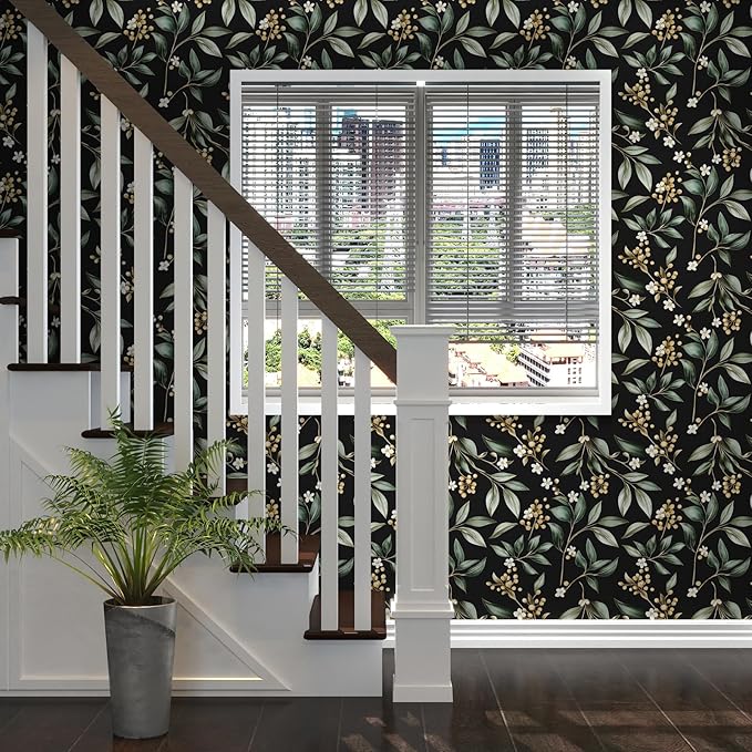 Black Green Floral Peel and Stick Wallpaper, 17.5" x 197" Vintage Dark Green Leaf Botanical Self-Adhesive Contact Paper for Bathroom Bedroom Kitchen Cabinet Drawer Vinyl Wall Paper Dark Green