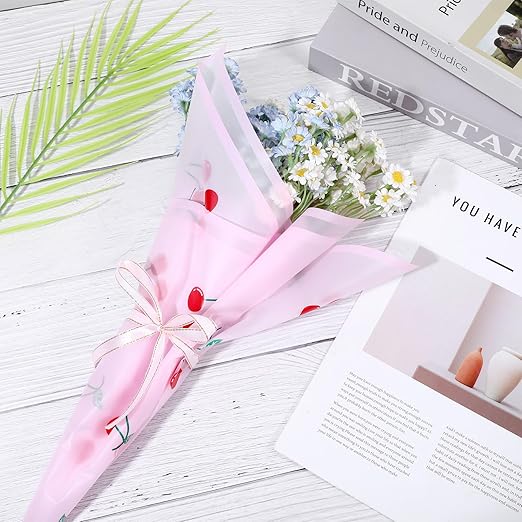 20 Sheets Bouquet Wrapping Paper, 22.4Inch Pink Cherry Pattern Flower Floral Wrapping Pink Floral Paper for Bouquets Kit, Waterproof Decorations with Ribbon for DIY Crafts Wedding Birthday Party