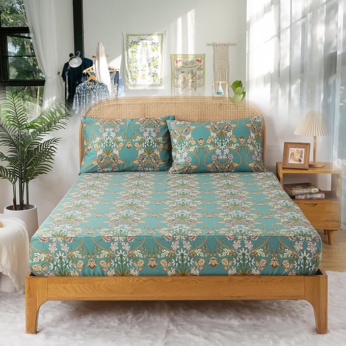 Zusbest California King Sheet Set Shabby Floral Vintage Bed Sheets Percale Cotton Chic Teal Blue Orange American Country Bedding Luxury Boho Soft Bed Deep Pocket Fitted Sheet 4Piece, Cal King