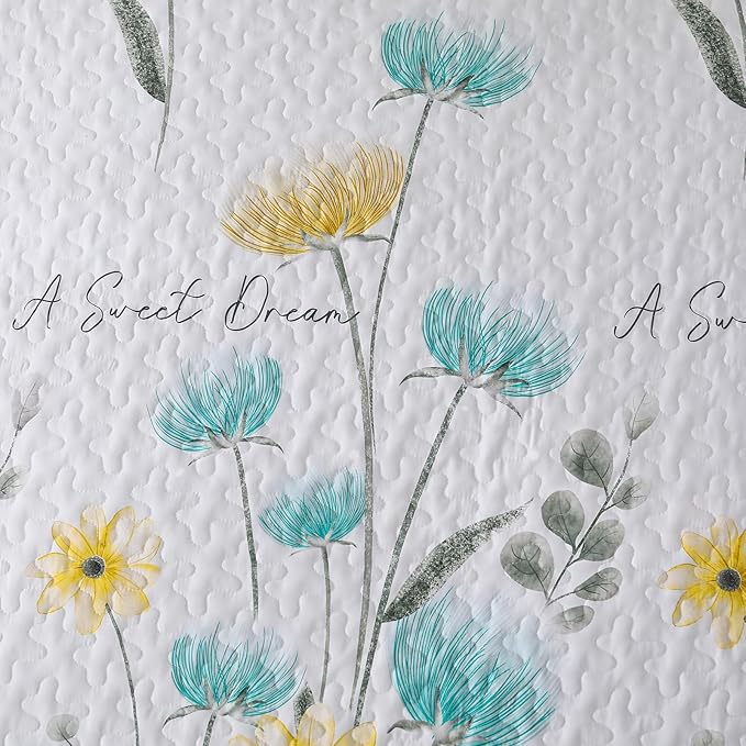 Dinjoy Floral Quilt Set Twin Size, Aqua Blue Bedspreads 2 Pieces Cute Bedding Set Lightweight Farmhouse Quilts Soft Flower White Coverlet Bed Sets for Women All Season 68"x86"