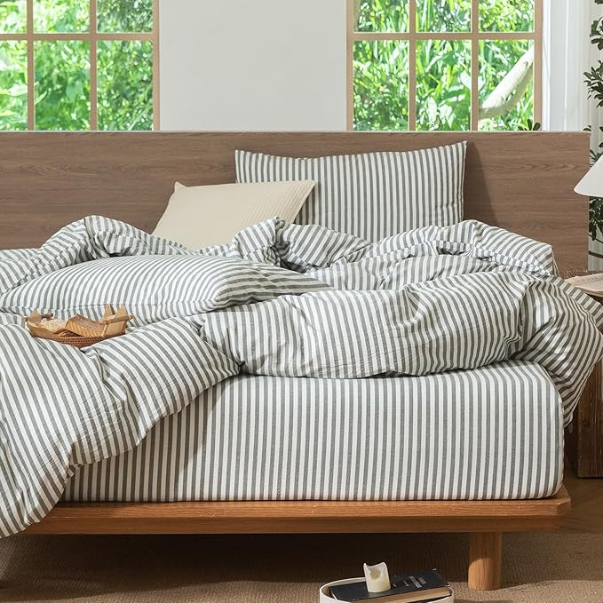MooMee Striped Duvet Cover Set 100% Washed Cotton Linen Like Textured Breathable Durable Soft Comfy (Heathered Green Classic Stripes, Cal King 104"x98")