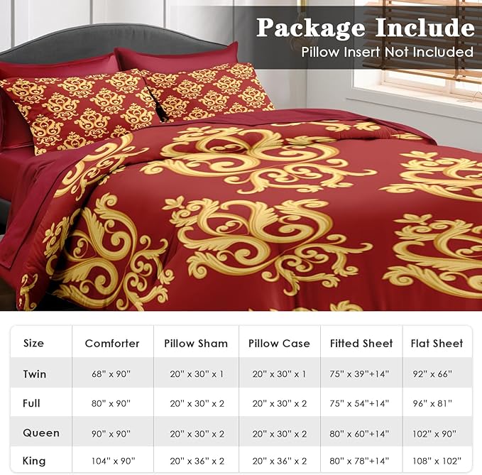 Comforter Set Queen Size, Vintage Floral Gold 7 Pcs Bedding for Kids and Adults, Medieval Burgundy Red Bed Sheet Sets with Fitted Sheet 2 Pillowcase & 2 Sham for Bedroom Bed Decor