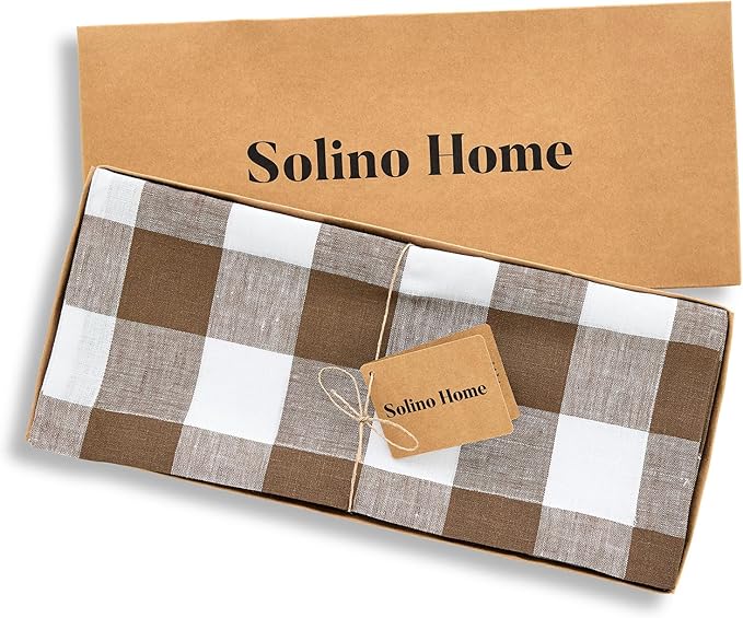Solino Home Linen Table Runner 156 Inches Long - 100% Pure Linen Coco Brown and White Buffalo Check Extra Long Table Runner 14 x 156 Inch Ideal for Dining