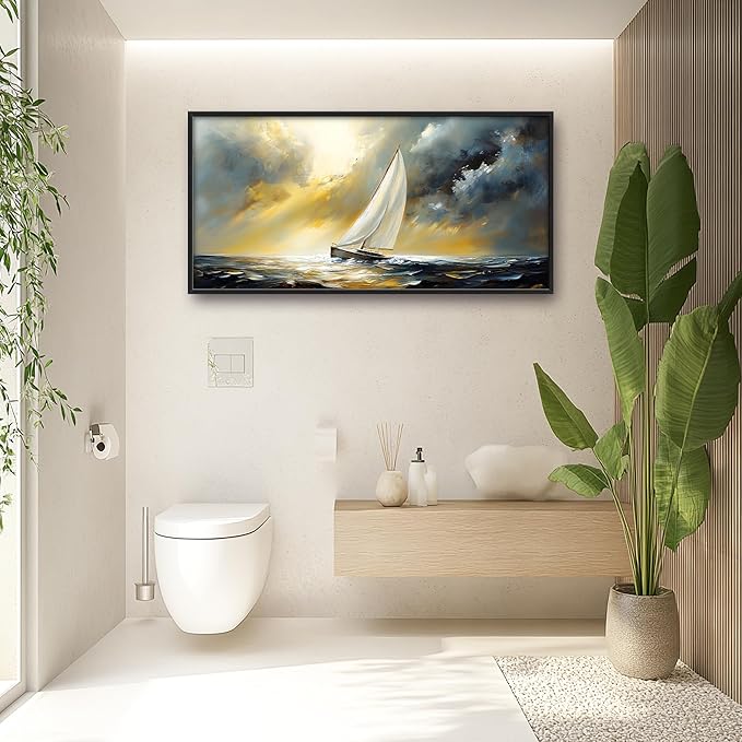 Ocean Sailboat Large Wall Art Framed Wall Decor for Living Room Abstract Boat Pictures Oversized Canvas Print Painting Modern Extra Large Artwork for Bedroom Office Home Decor 60"x30"