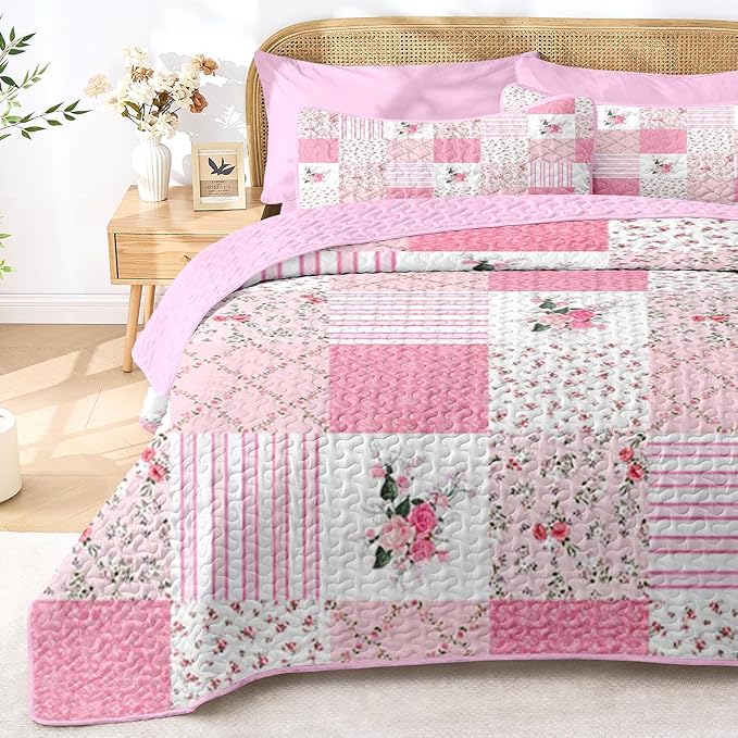 Quilt Set King Size, Pink Patchwork Flowers 3 Pcs Soft Bed Cover Bedding Set, Garden Floral Lightweight Bedspread Coverlet with 2 Pillow Sham for All Season