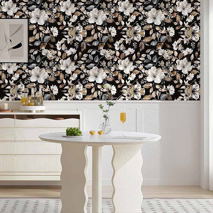 Vintage Dark Black Floral Peel and Stick Wallpaper Modern Botanical Flower Waterproof Removable Self Adhesive Vinyl Contact Wall Paper for Farmhouse Bathroom 17.7" X 70.8" Roll