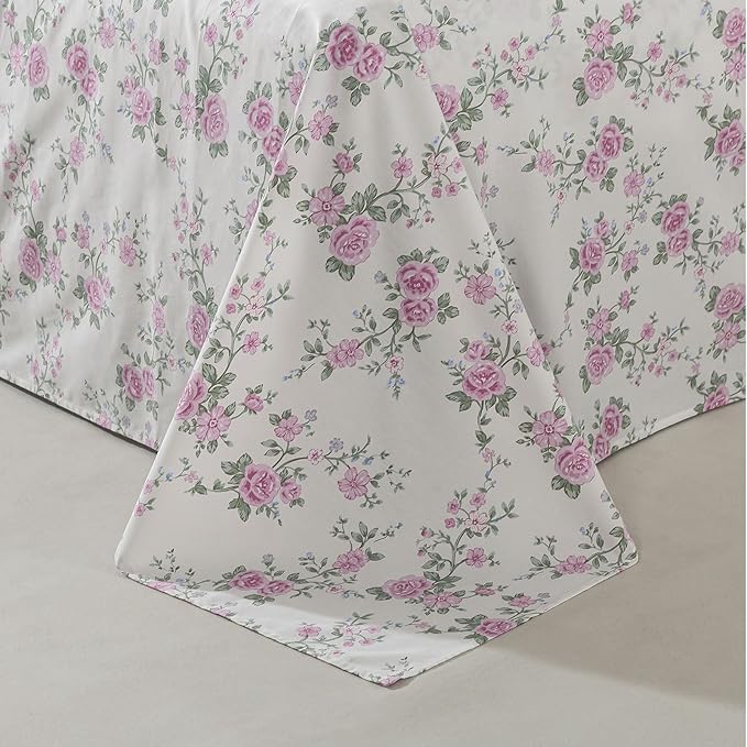 FADFAY Vintage Floral King Size Sheets Set Premium 100% Cotton Shabby Purple Rose Pattern Coquette Cottagecore Bedding Set Deep Pocket Sheets with 2 Pillowcases Luxury Breathable Soft 4Pcs, King