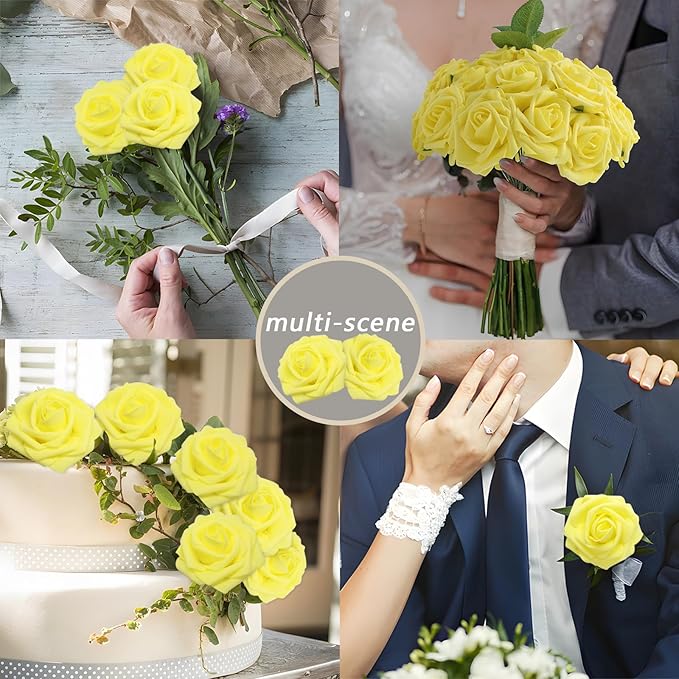 200PCS Yellow Artificial Flowers Roses Real Looking Foam Fake Roses with Leaves for DIY Wedding Bouquets Bridal Shower Party Decorations (Yellow, 200)