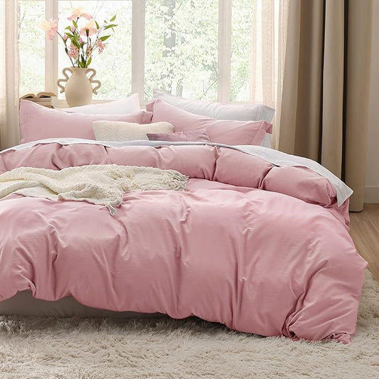 Bedsure Pink Duvet Cover Full Size - 3 Pieces Prewashed Extra Soft Cotton-Like Bedding Set, Includes 1 Duvet Cover 80x90 Inches with Zipper Closure & 2 Pillow Shams, Comforter Not Included