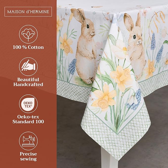 Maison d' Hermine Table Cloth Rectangle Table 100% Cotton 60 x 90 Inches Tablecloth Reusable Decorative for Dining Room, Farmhouse, Home, Party, Festive & Wedding Spring Summer - Easter Dew