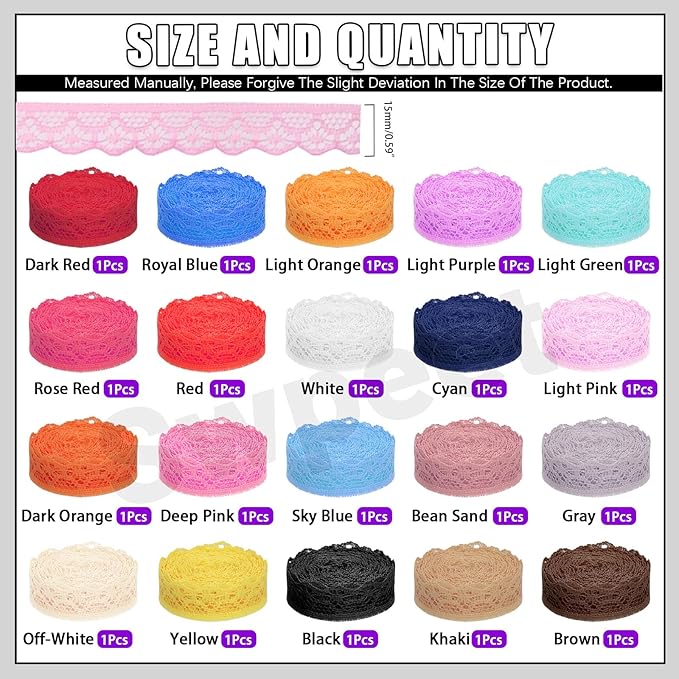 Swpeet 20 Rolls in Total 200 Yards 1.5cm×10 Yards Colorful Lace Ribbon Floral Pattern Fabric Lace Ribbon, Vintage Lacing Trim Ribbons, Crafting Lacing for Decorating, Gift Wrapping, Wedding