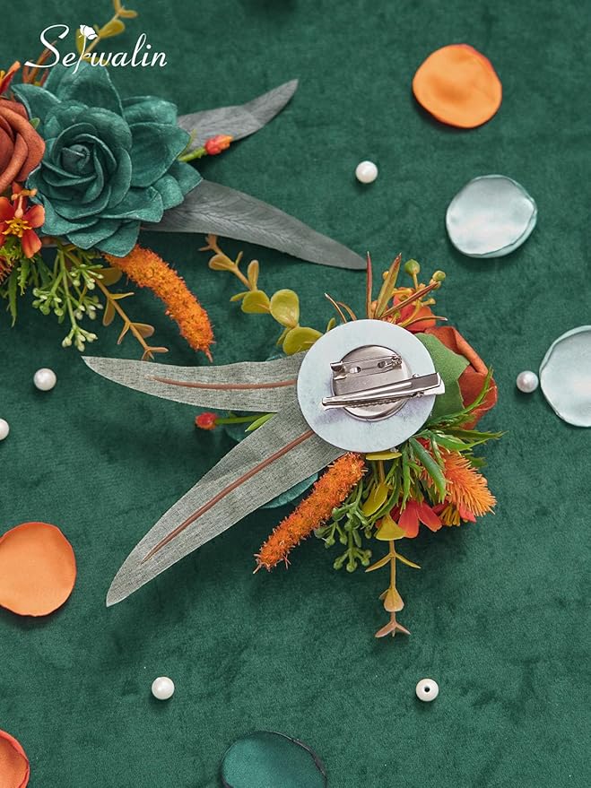Serwalin Set of 2 Boutonniere for Men, 6-7inch Corsage Groom and Best Man Boutonnieres for Wedding Prom Ceremony Anniversary Party Cake Topper, Teal Orange