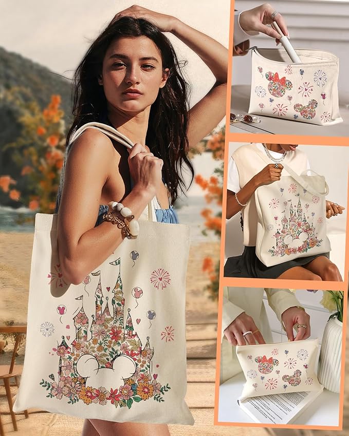 2 Pack Canvas Tote Bag - with Makeup Pouch Aesthetic Cute Women Reusable Canvas Bag for Shopping, Work, Travel
