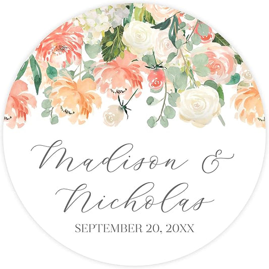 Personalized Floral Wedding Stickers with Your Choice of 30 Flower Styles - Choose Font and One of Five Pre-made Phrases or Add Custom Text (026 - Peach Flowers)