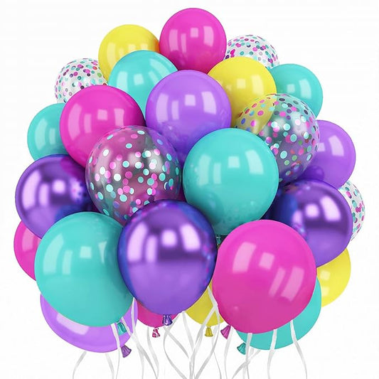 Pink Blue Purple Balloons, 50 Pcs 12 Inches Hot Pink Metallic Purple Teal Yellow Balloons Confetti Balloons for Birthday Theme Decoration Brida Shower Engagement Party Supplies