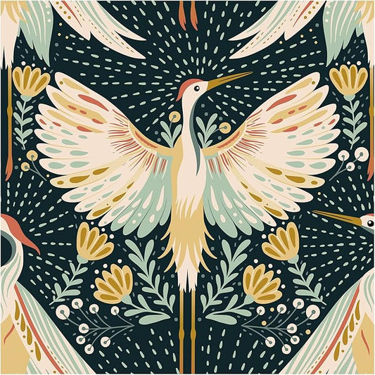 HAOKHOME Crane Wallpaper Peel and Stick Boho Floral Bird Dots Wall Paper Japanese Chinoiserie Dark Green/Beige/Yellow Accent Wall Decor 17.3in x 9.8ft