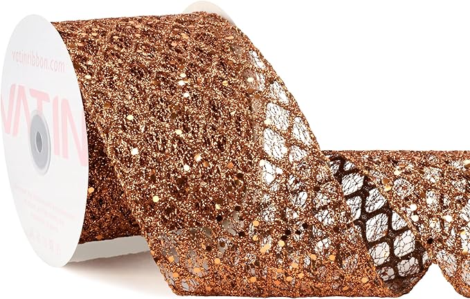 VATIN 4" Copper Christmas Ribbon, Copper Glitter Mesh Diamond Web Sequin Dots Wired Christmas Ribbon for Gift Wrapping Bow Making Wreath Supply-10 Yards