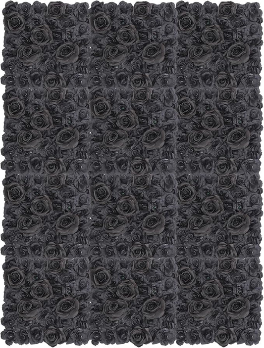 12PCS Black Rose Flower Wall Panels, 3D Artificial Silk Floral Background Decor for Wedding Party Indoor Outdoor Home Decoration (15x15in)