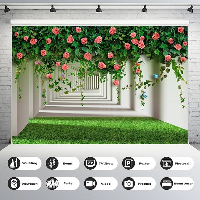 Rose Flowers Backdrop Red Rose Flowers and Green Leaves with Butterflies Photography Background Spring Alley Green Grass Backdrops Outdoor Wedding Party Decorations Photo Studio Props 9x6ft
