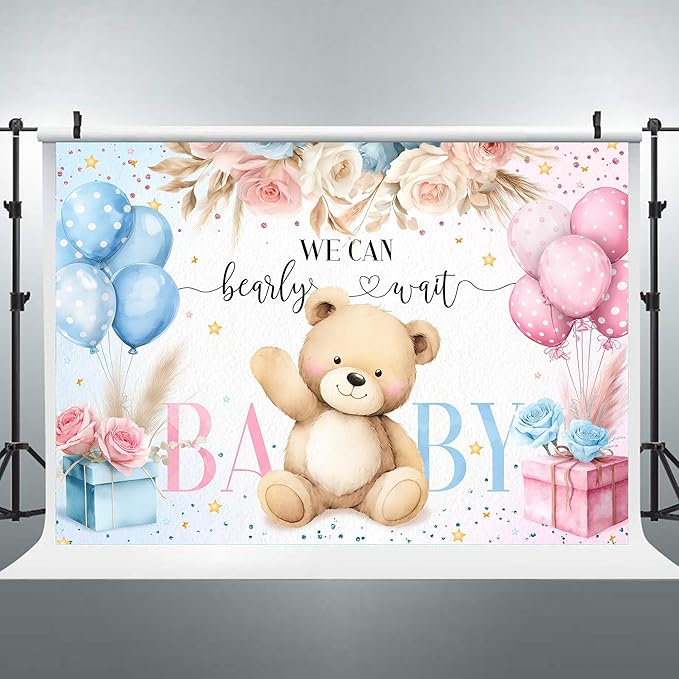 Riyidecor Bear Gender Reveal Backdrop Polyester Fabric We Can Bearly Wait Boho Floral Pampas Grass Rose Flowers 7Wx5H Feet Balloon Baby Shower Photography Background He or She Photo Studio Shoot
