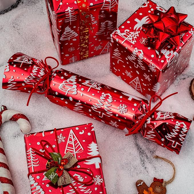 MAYPLUSS Christmas Red Wrapping Paper Roll - 17 Inch X 33 Feet - Luxury Metallic Shiny Red Christmas Tree and Snow Foil Roll Winter Holiday Gift Wrap Sheet for Party, DIY Crafts & Festive Decoration