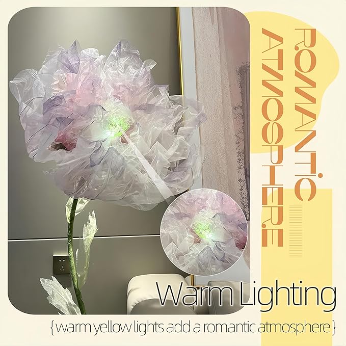 Giant Flowers for Decoration, 5 ft Large Organza Floral with LED Light, for Wedding Arrangements, Birthday Christmas Party Backdrop Decor, Photography Props, Shop Display, Pink Purple