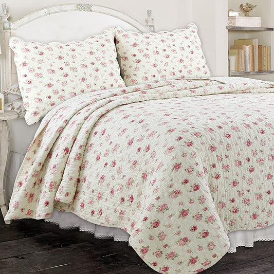 Cozy Line Home Fashions Pink Rose Garden Floral 100% Cotton Reversible Coverlet Bedspread Quilt Bedding Set (Ivory Rose, Queen - 3 Piece)