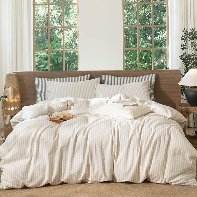 MooMee Striped Duvet Cover Set 100% Washed Cotton Linen Like Textured Breathable Durable Soft Comfy (Almond Milk Grey Classic Stripes, Twin 68"x90")