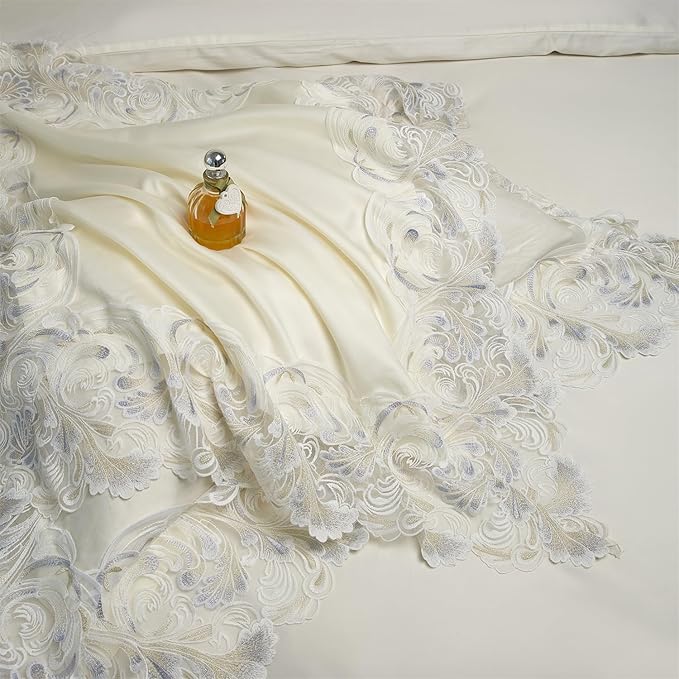 mixinni Luxury Satin Duvet Cover Set with Embroidery Lace, Silky Soft Bedding Set (1 Duvet Cover + 2 Pillowcases), Cream White - Elegant Bedroom Comforter Cover, Vintage Royal Style-Queen Size