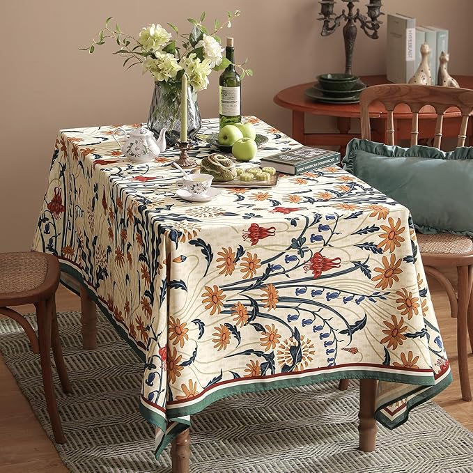 French Vintage Long Rectangular Tablecloth,Linen Tablecloth with Gold and Red Floral Pattern,Decorative Table Cover for Kitchen,Dining,Thanksgiving,Party,Living Room,63" × 102"-Tijuana