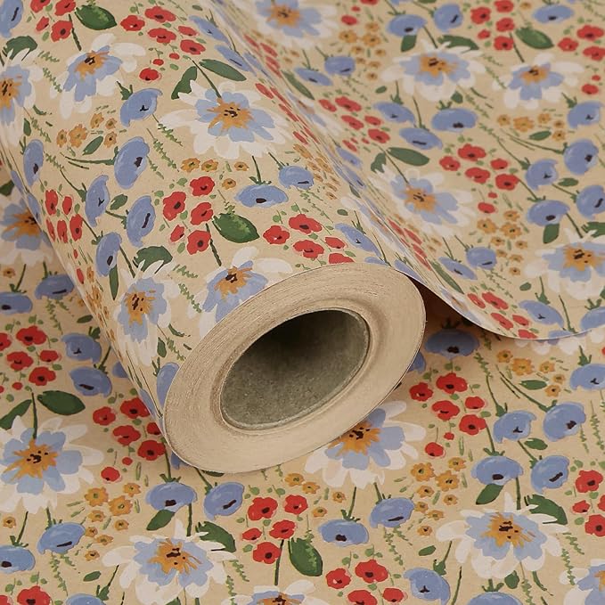 Aimyoo Watercolor Floral Kraft Wrapping Paper Roll, 17 inch x 32.8 ft All Occasion Vintage Flower Gift Wrap for Wedding Birthday Bridal Shower