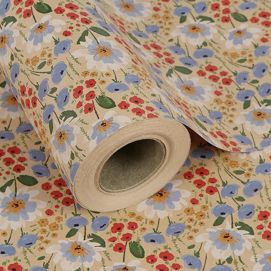Aimyoo Watercolor Floral Kraft Wrapping Paper Roll, 17 inch x 32.8 ft All Occasion Vintage Flower Gift Wrap for Wedding Birthday Bridal Shower